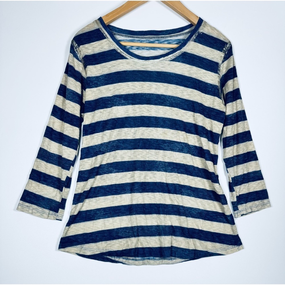 David Cline Top Womens Small Blue White Striped Made‎ in USA Casual Stretch